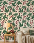 Textured cream winter botanical pine berry peel and stick wallpaper - Winter Forage