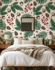 Textured cream winter botanical pine berry peel and stick wallpaper - Winter Forage in a warm living room