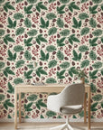 Textured cream winter botanical pine berry peel and stick wallpaper - Winter Forage adding character to a bedroom
