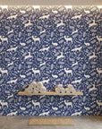 Woodland Hush serene navy woodland wallpaper creating ambiance in a serene bathroom