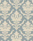 Elegant cream damask scrollwork on sage blue Woodland Blossom Veil peel and stick wallpaper