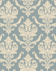 Elegant cream damask scrollwork on sage blue Woodland Blossom Veil peel and stick wallpaper