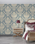 Sage green and cream damask Woodland Blossom Veil wallpaper on elegant bedroom accent wall
