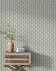 Blue and beige Woodland Blossom Veil damask wallpaper styled with vintage furniture in bright farmhouse interior