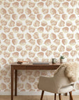 Worn Linen neutral botanical peel and stick wallpaper as a feature wall in a bright home office