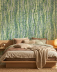 Textured dense olive green woven grass peel and stick wallpaper - Woven Thicket in a warm living room