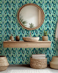 Self-adhesive blue and green abstract Ikat wave wall covering, pattern named Woven Depths