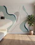 Woven Horizon modern teal abstract in a warm and inviting living room
