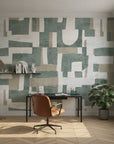 Woven Patchwork sage green geometric as a feature wall in a bright home office
