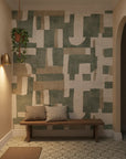 Woven Patchwork sage green geometric creating ambiance in a serene bathroom