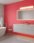 Woven Whisper bold red heart wallpaper creating ambiance in a serene bathroom
