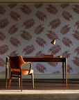 Acacia Scatter Oxblood dainty leaf wallpaper as a feature wall in a home study