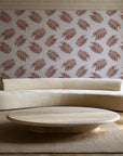 Acacia Scatter Oxblood dainty leaf wallpaper in an elegant living room