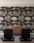 Arcadian Reverie Espresso pastoral toile wallpaper above a walnut credenza in a modern conference room