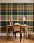 Autumn Lattice Evergreen plaid wallpaper behind a vintage writing desk in a cozy craft-room home office