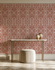 Aztec Quilt Terracotta geometric tribal wallpaper on the wall of a grand entry foyer