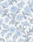 Blush Serenade Delft floral damask wallpaper in delft blue and white