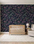Blush Serenade Midnight floral damask wallpaper in a calm, light-filled nursery