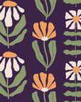 Bohemian Daisy Aubergine retro floral wallpaper in aubergine, apricot and blush