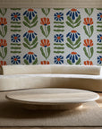 Bohemian Daisy Cream retro floral wallpaper in an elegant living room