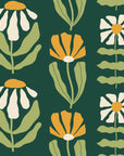 Bohemian Daisy Forest retro floral wallpaper in forest green, marigold and ivory