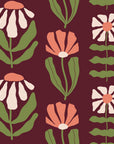 Bohemian Daisy Oxblood retro floral wallpaper in oxblood, coral and blush