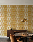 Canyon Ikat Ochre geometric wallpaper in an elegant dining room