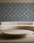 Chevron Etch Ebony geometric diamond wallpaper in an elegant living room