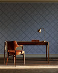 Chevron Etch Pewter geometric diamond wallpaper as a feature wall in a home study