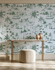 Coastal Village Sage palm toile wallpaper on the wall of a grand entry foyer