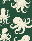 Cresting Wave Forest octopus wallpaper in forest green and cream