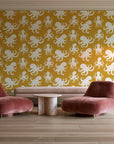 Cresting Wave Saffron octopus wallpaper in a boutique hotel sitting area