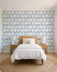 Crossroads Indigo geometric wallpaper in a bright, cheerful child's bedroom