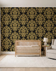 Dreamy Fern Dial Gilt fern damask wallpaper in a calm, light-filled nursery