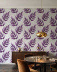 Driftwood Fern Plum fern frond wallpaper in an elegant dining room