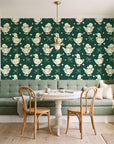 Duckling Waltz Forest ducklings wallpaper as a feature wall in a sunlit breakfast nook