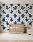 Duckling Waltz Navy ducklings wallpaper in a calm, light-filled nursery