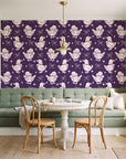 Duckling Waltz Plum ducklings wallpaper as a feature wall in a sunlit breakfast nook