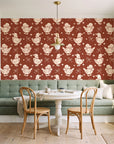 Duckling Waltz Rust ducklings wallpaper as a feature wall in a sunlit breakfast nook