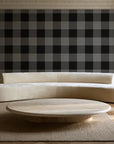 Dune Plaid Charcoal gingham check wallpaper in an elegant living room