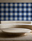 Dune Plaid Navy gingham check wallpaper in an elegant living room