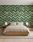 Dusk Passage Emerald chevron wallpaper behind a low platform bed in a serene Japandi bedroom