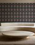 Ember & Iron Forest retro ogee wallpaper in an elegant living room