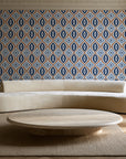 Ember & Iron Navy retro ogee wallpaper in an elegant living room