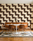 Ember Mosaic Mocha retro geometric wallpaper in a mid-century dining room with a teak sideboard and tulip table