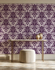 Ethereal Flowers Aubergine damask wallpaper on the wall of a grand entry foyer