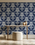 Ethereal Flowers Midnight damask wallpaper on the wall of a grand entry foyer