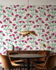 Evening Garden Linen botanical floral wallpaper behind a walnut credenza and round table in an elegant dining room