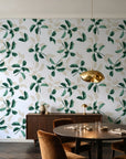 Falling Softly Emerald botanical leaf wallpaper in an elegant dining room