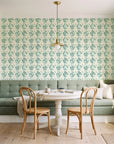 Fern Lattice Emerald hand-drawn diamond wallpaper as a feature wall in a sunlit breakfast nook